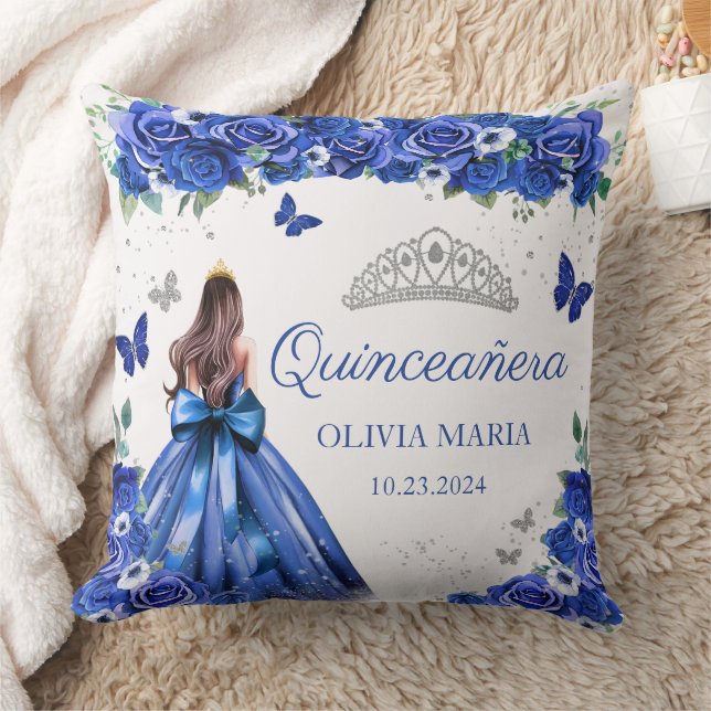 Blue Floral Silver Princess Tiara Quinceanera Cushion (Blanket)