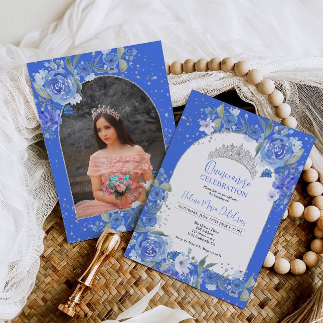 Blue floral silver tiara princess Quinceanera Invitation (Blue floral silver tiara princess Quinceanera Invitation on blue)