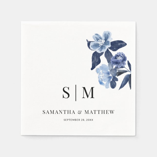 Blue Floral Simple Elegant Couple Initials Wedding Napkin (Front)