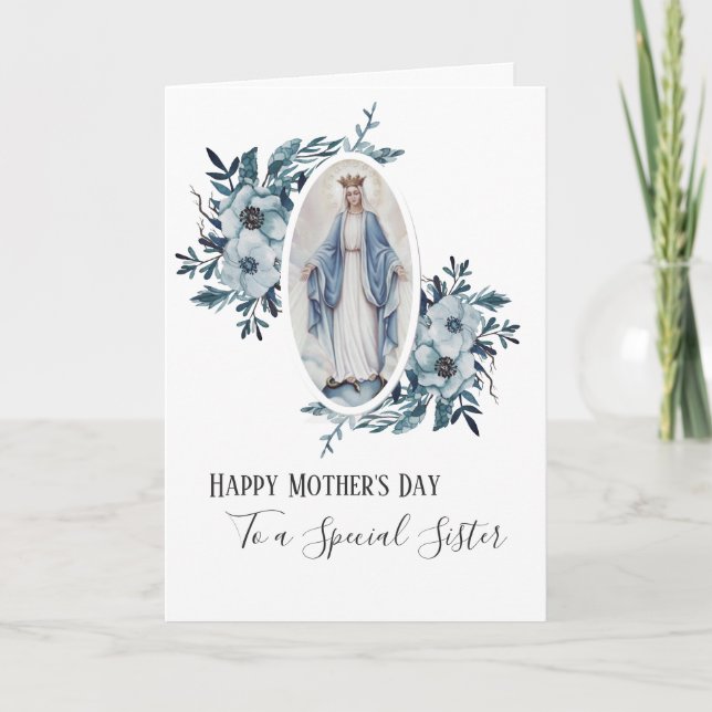 Blue Floral | Sister | Religious Mother Mary Card (Front)