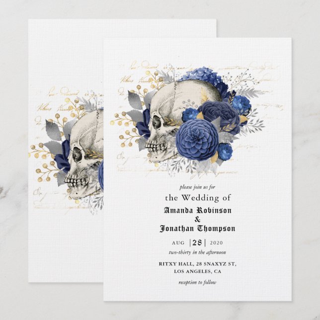 Blue Floral Skull Halloween Gothic Wedding Invitation (Front/Back)