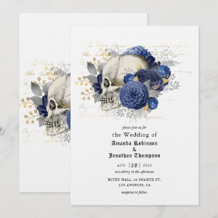 Blue Floral Skull Halloween Gothic Wedding Invitation