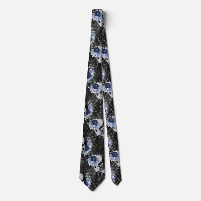 Blue Floral Skull Series Design 1  Tie (Front)