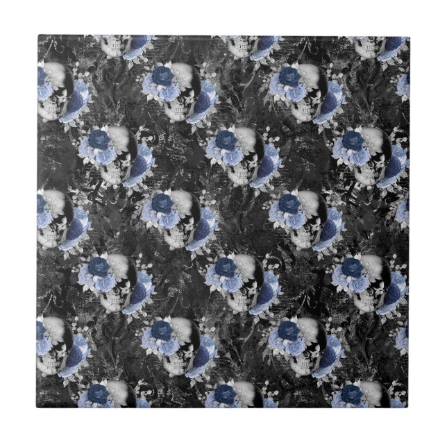Blue Floral Skull Series Design 1   Tile (Front)