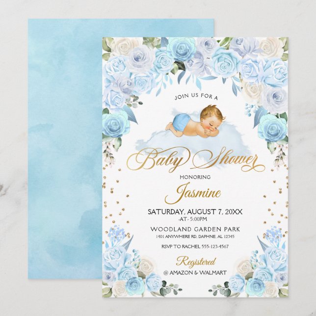 Blue Floral Sleeping Baby Shower Invitation (Front/Back)