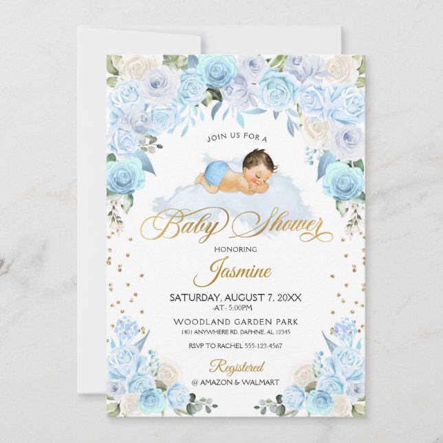 Blue Floral Sleeping Baby Shower Invitation (Front)