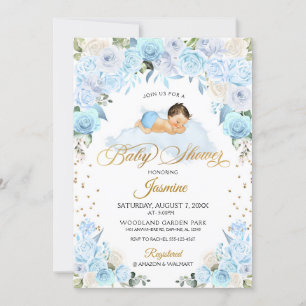 Blue Floral Sleeping Baby Shower Invitation
