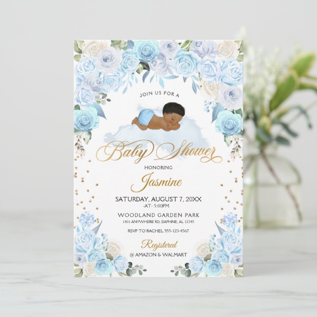 Blue Floral Sleeping Baby Shower Invitation (Standing Front)