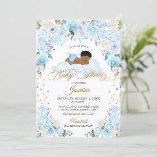 Blue Floral Sleeping Baby Shower Invitation