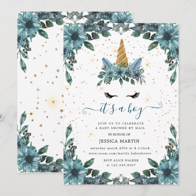 blue floral sleepy unicorn virtual baby shower invitation (Front/Back)