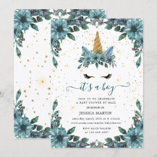 blue floral sleepy unicorn virtual baby shower invitation