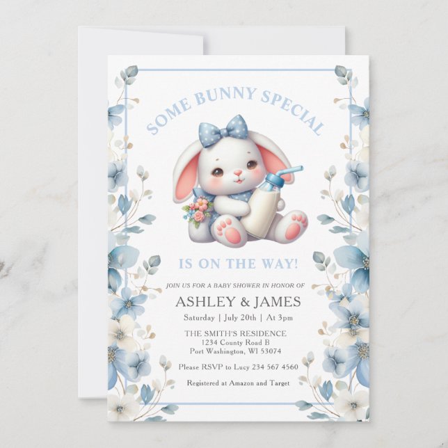 Blue Floral Some Bunny with Milk Baby Shower Invitation (Front)