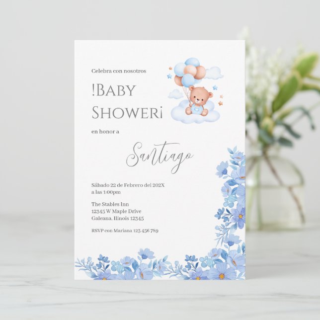 Blue floral Spanish Baby Shower Boy invitation (Standing Front)