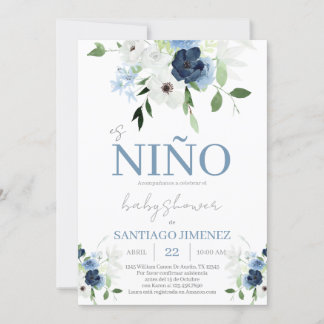 Blue Floral Spanish Baby Shower Boy Invitation