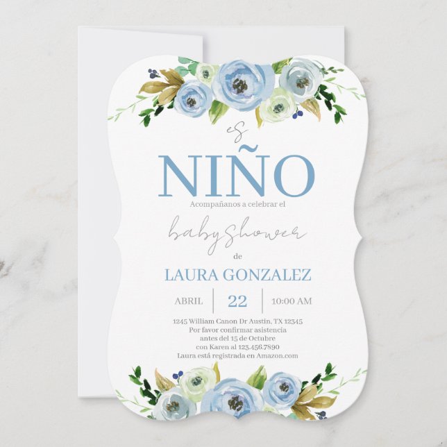 Blue Floral Spanish Baby Shower Boy Invitation (Front)
