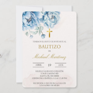 Blue floral Spanish baptism Invitation