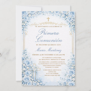 Blue Floral Spanish Boy Primera Comunión Cross Invitation