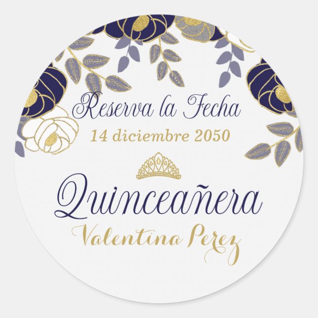 Blue Floral Spanish Quinceanera Reserva la Fecha Classic Round Sticker (Front)