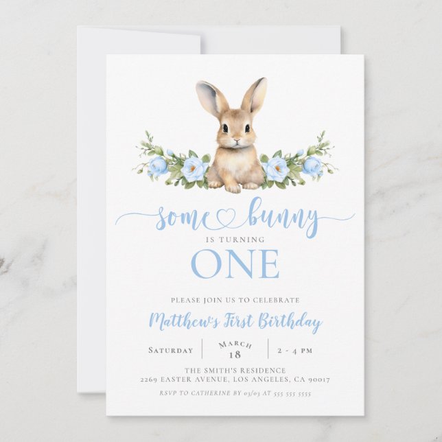 Blue Floral Spring Rabbit Some Bunny 1st Birthday Invitation (Front)