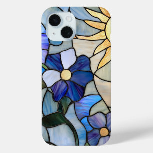 Blue Floral Stained Glass Sun Art for Garden Lover iPhone 15 Case