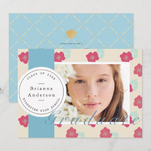 Blue Floral Stamp & Ribbon Photo Graduation Invitation