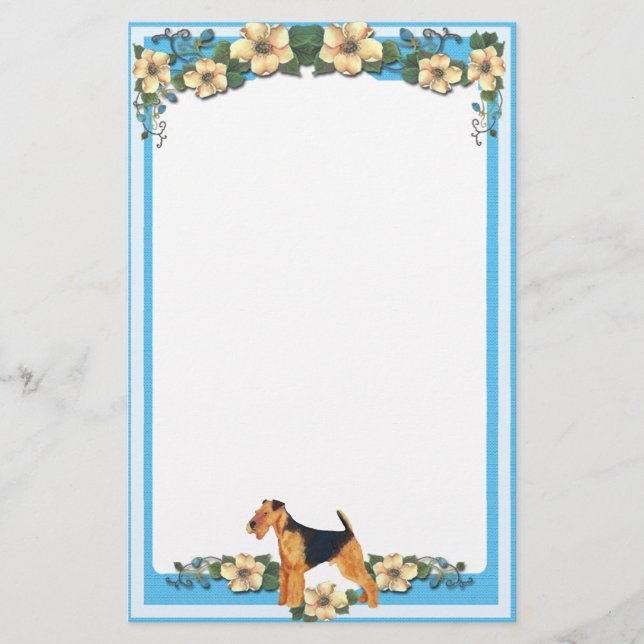 Blue Floral Stationery unlined Airedale (Front)