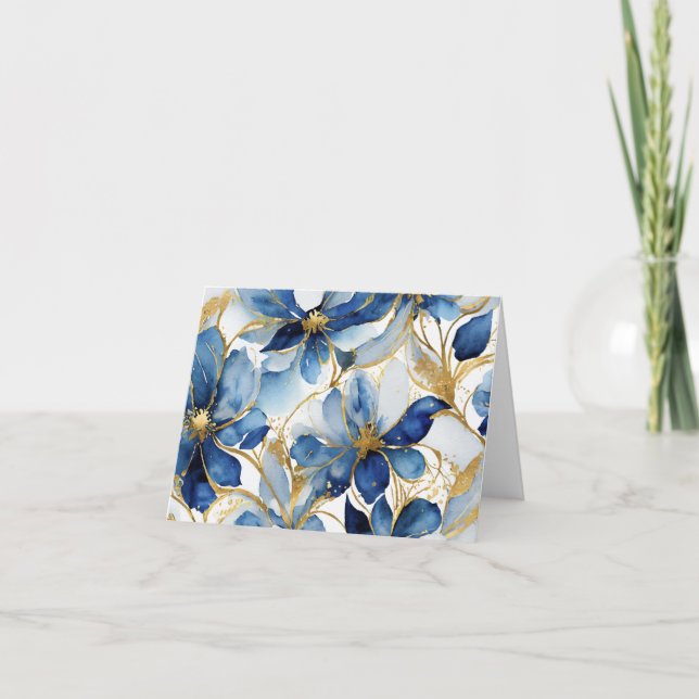 Blue Floral Stationery with Gold Accents Thank You Card (Front)