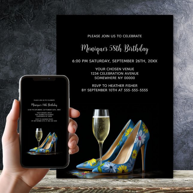 Blue Floral Stiletto Shoes Birthday Party Invitation (Creator Uploaded)