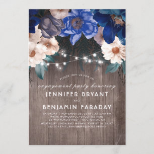 Blue Floral String Lights Rustic Engagement Party Invitation