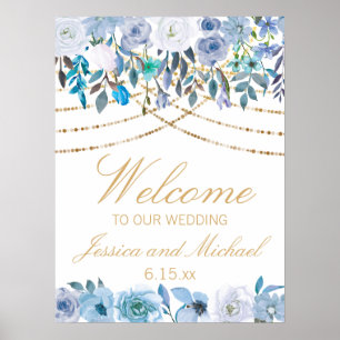 Blue Floral String Lights White Wedding Welcome Poster