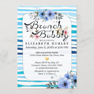 Blue Floral Stripes Brunch & Bubbly Bridal Shower Invitation