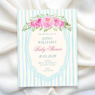 Blue floral strips baby shower invitation