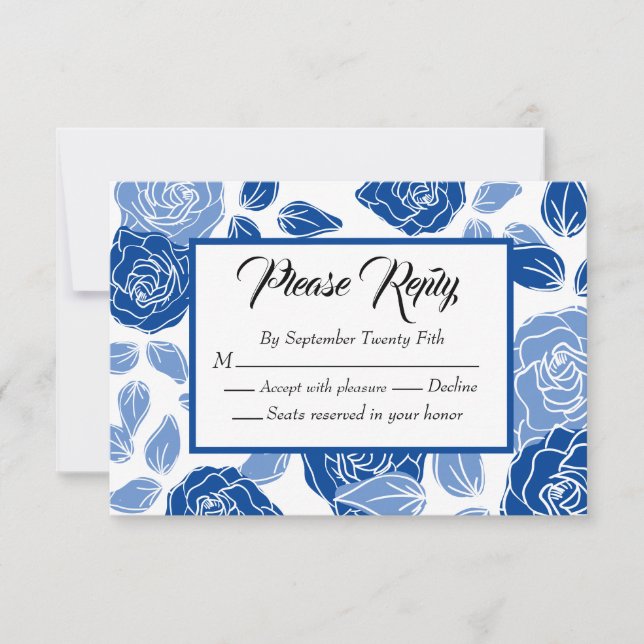 Blue Floral Stylish Rose Chic Simple Wedding RSVP Card (Front)
