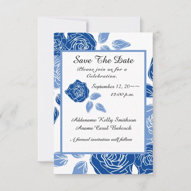 Blue Floral Stylish Rose Chic Simple Wedding Save The Date (Front)