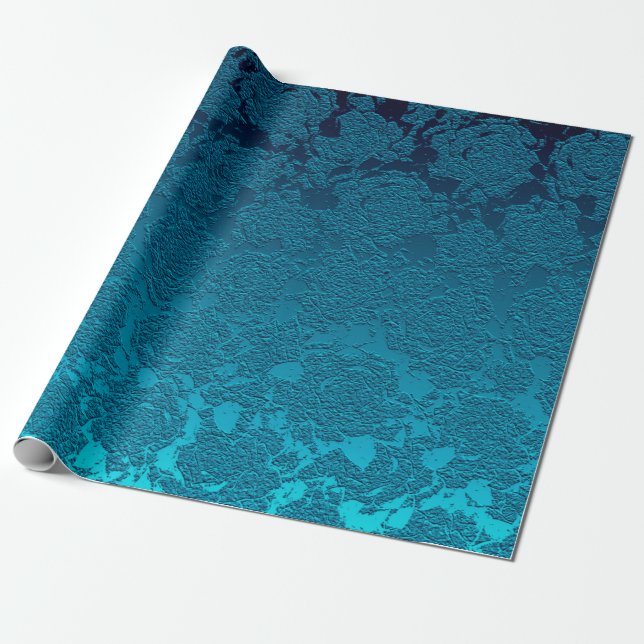 Blue Floral Succulent Print Pattern Metallic Wrapping Paper (Unrolled)