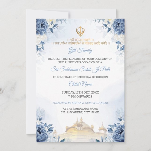 Blue Floral Sukhmani Sahib Path Birthday Invite (Front)