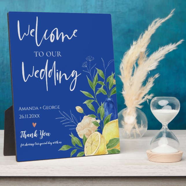 Blue Floral Summer Citrus Wedding Welcome Sign Plaque (Side)