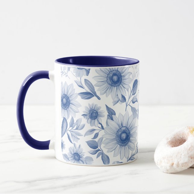 Blue Floral Sunflower  Mug (With Donut)