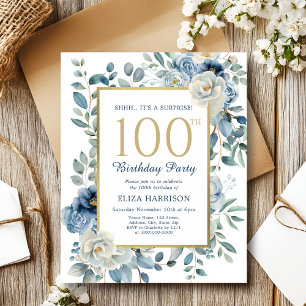 Blue Floral Surprise 100th Budget Invitation
