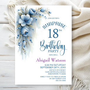 Blue Floral Surprise 18th Birthday Party Invitation