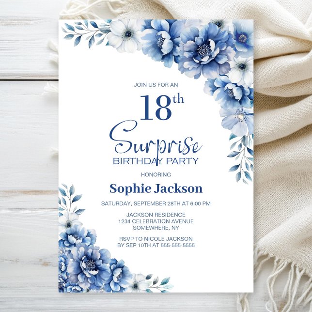 Blue Floral Surprise 18th Birthday Party Invitation (Creator Uploaded)