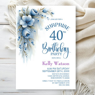 Blue Floral Surprise 40th Birthday Party Invitation