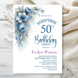 Blue Floral Surprise 50th Birthday Party Invitation