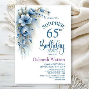 Blue Floral Surprise 65th Birthday Party Invitation
