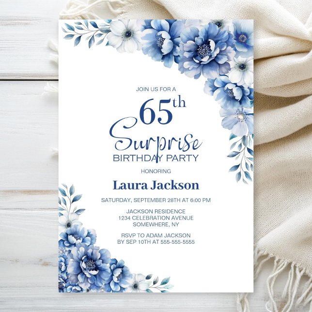Blue Floral Surprise 65th Birthday Party Invitation (Creator Uploaded)