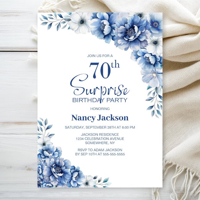 Blue Floral Surprise 70th Birthday Party Invitation (Creator Uploaded)