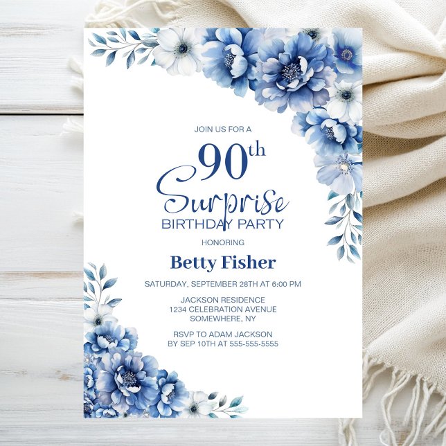 Blue Floral Surprise 90th Birthday Party Invitation (Creator Uploaded)
