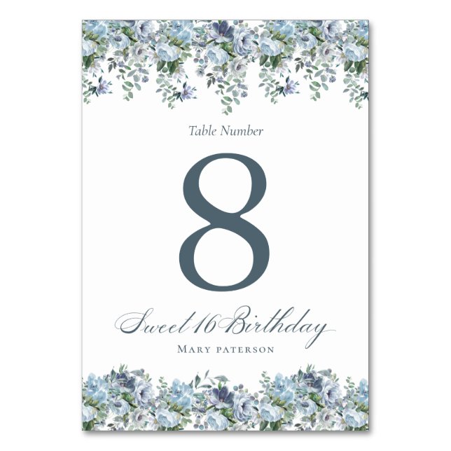 Blue Floral Sweet  16 Birthday  Table Number (Front)