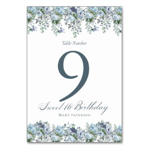 Blue Floral Sweet  16 Birthday  Table Number