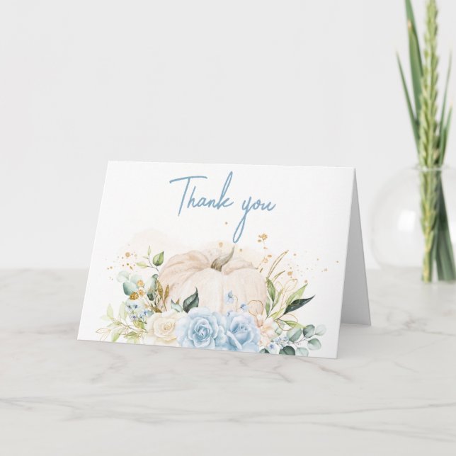 Blue Floral Sweet Little Pumpkin Baby Shower Thank You Card (Front)